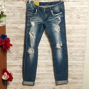 Machine Distressed Skinny Jeans size 9 cuffed